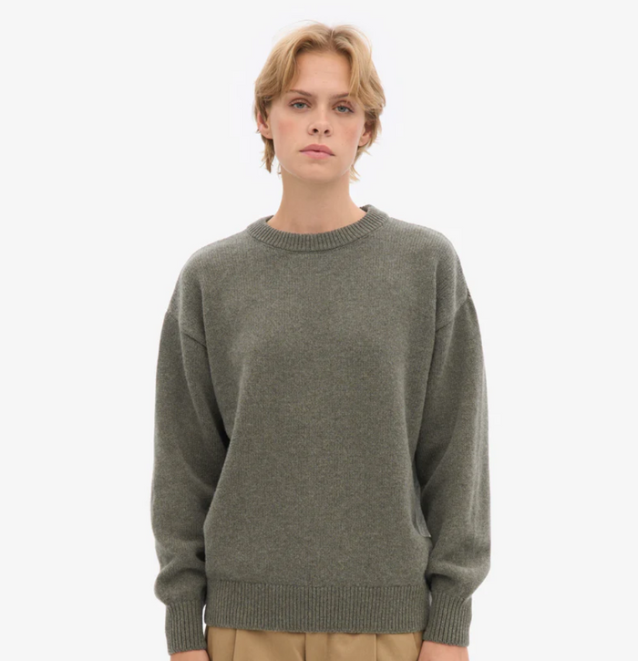 Oversized Merino Wool Crewneck Sweater, Dusty Olive