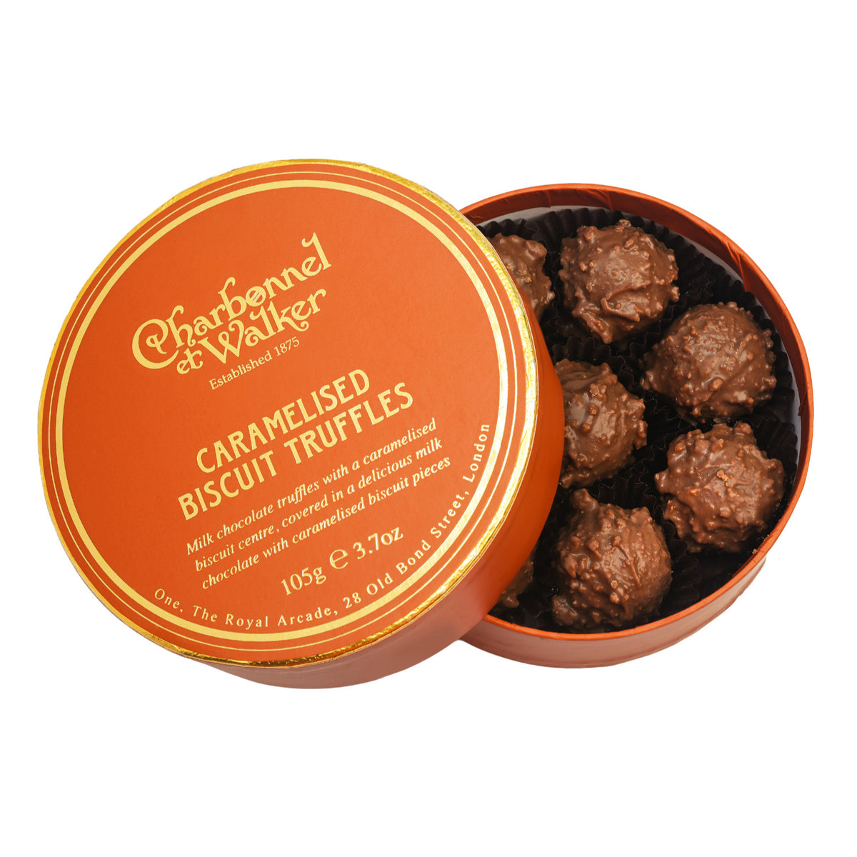 A round orange gift box of Charbonnel & Walker Caramelised Biscuit Truffles 105g, with the lid resting beside the box to reveal the milk chocolate treats with a spiced cinnamon finish inside.