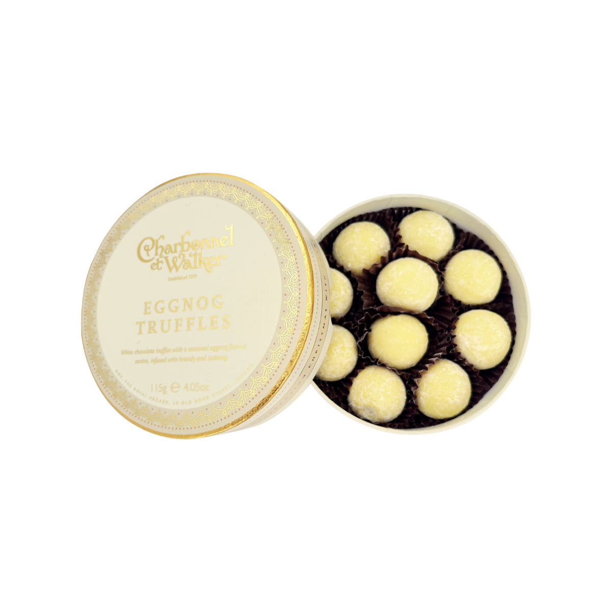 A round gift box of Charbonnel & Walker Egg Nog Truffles with the lid sitting beside the container.