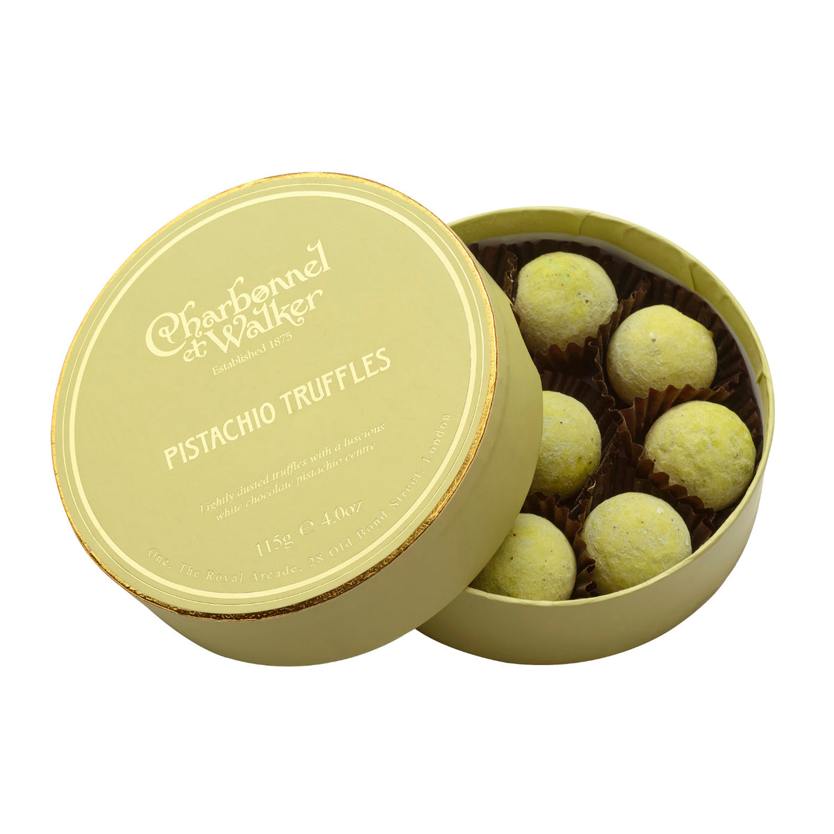 A round pale green box of Charbonnel & Walker Pistachio Truffles 115g with the lid partially open.