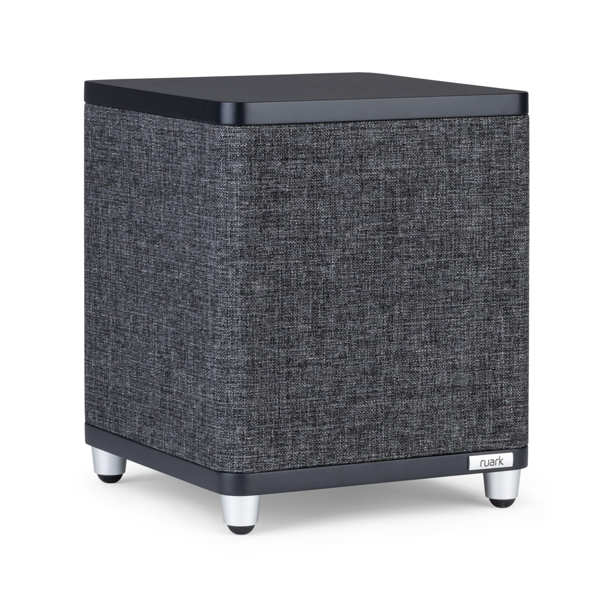 The Ruark RS1 Subwoofer features a square, modern design with dark gray fabric sides, black top, silver feet, and a discreet Ruark logo on the front—engineered for premium audio and deep bass from the renowned Ruark brand.