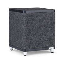 The Ruark RS1 Subwoofer features a square, modern design with dark gray fabric sides, black top, silver feet, and a discreet Ruark logo on the front—engineered for premium audio and deep bass from the renowned Ruark brand.