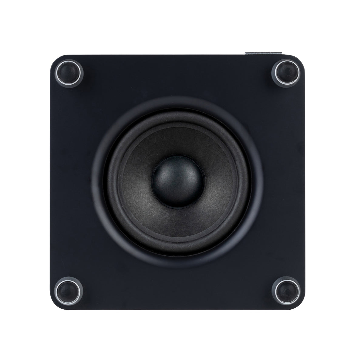 A close-up, top-down view of the Ruark RS1 Subwoofer by Ruark highlights its black square design with a central circular woofer and four silver corner screws, exemplifying premium audio quality and impressive bass on a white background.