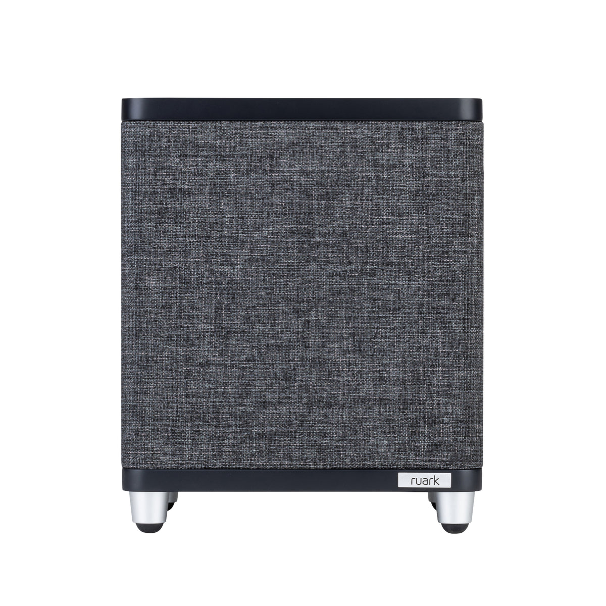 The Ruark RS1 Subwoofer features a modern square design with textured gray fabric front, black edges, silver feet, and a small ruark logo. It delivers premium audio quality and impressive bass extension.