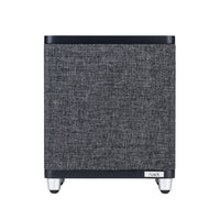 The Ruark RS1 Subwoofer features a modern square design with textured gray fabric front, black edges, silver feet, and a small ruark logo. It delivers premium audio quality and impressive bass extension.