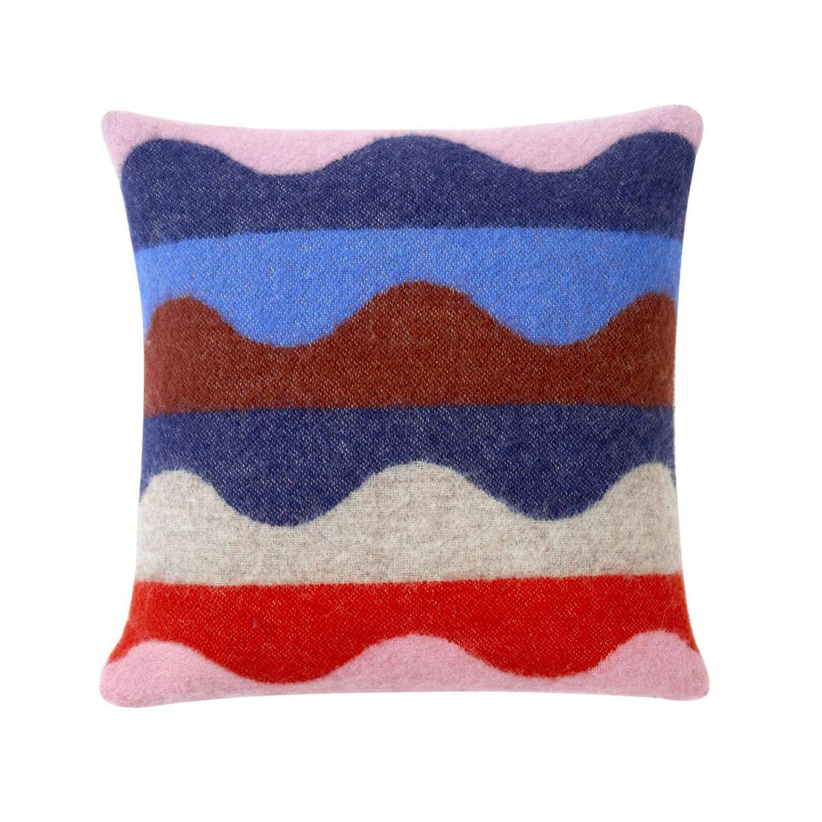 Introducing the Wiggle Square Cushion - Red by Donna Wilson: a square lambswool cushion featuring playful, abstract wavy stripes in pink, blue, brown, navy, beige, and red on a white background. The alternating colors capture Donna Wilson’s distinctive style. Proudly made in the UK.