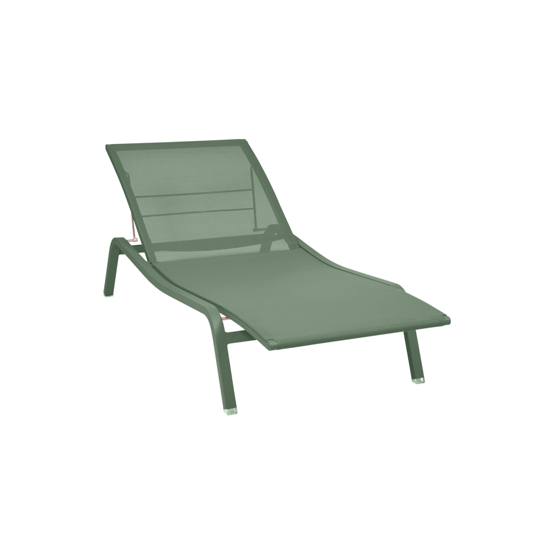 The Fermob Alize Sun Lounger features a green mesh seat and backrest, angled legs, and a minimalist look—ideal for outdoor relaxation. Shown on a plain white background.