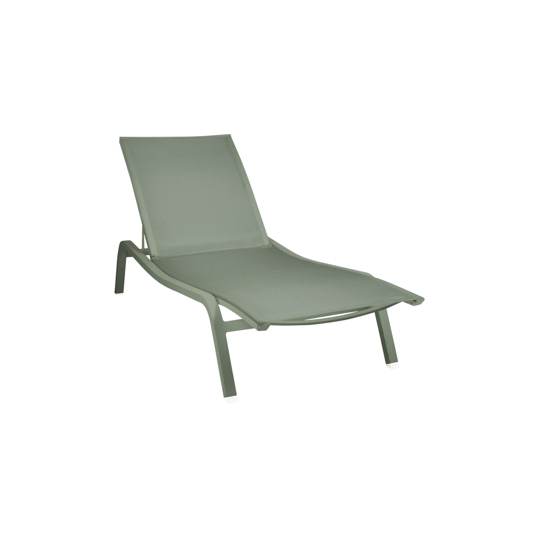 The Fermob Alize Sun Lounger XS in light green features a mesh fabric seat and backrest with a sleek, modern aluminium frame—ideal for outdoor relaxation. Shown on a plain white background.