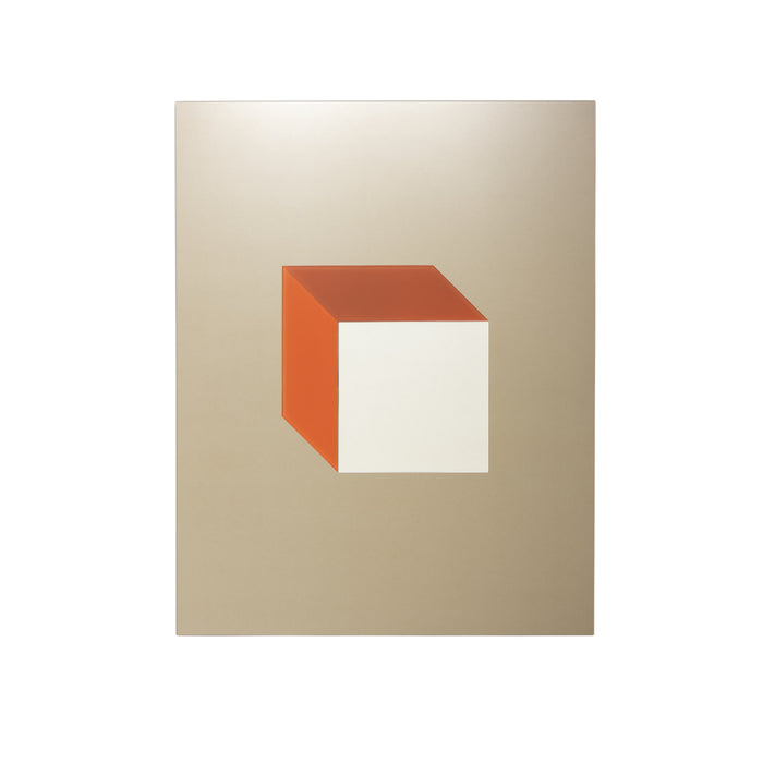 A minimalist image featuring the Alberti Mirror by Ligne Roset—a red and white cube that appears to float against a plain beige background. Reminiscent of modernist art, the three-dimensional mirror showcases clean lines and sharp edges in its design.