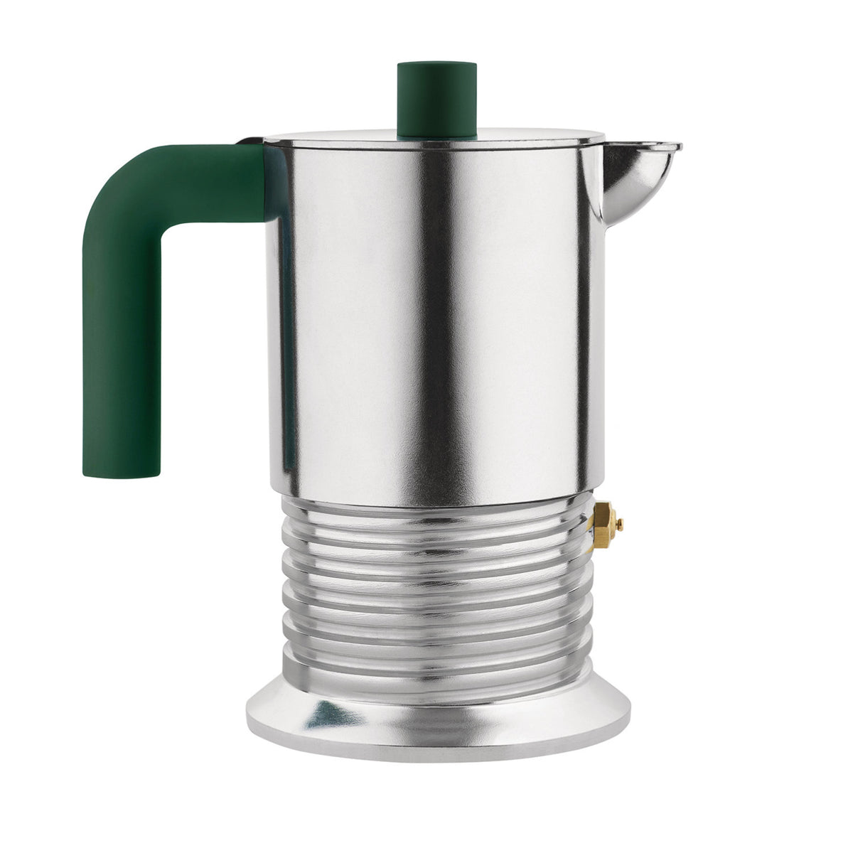 The Alessi Vite Espresso Coffee Maker is a modern silver stovetop espresso maker with a ribbed base, flat lid, and distinctive green handle and knob, elegantly showcased against a white background—offering a refined update to the classic cafetière design.