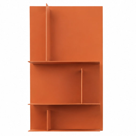 The Avenue Library Shelving 96cm by Kristalia is a rectangular orange minimalist bookshelf with three staggered shelves and three vertical dividers, offering modern, asymmetrical compartments for stylish storage or display.