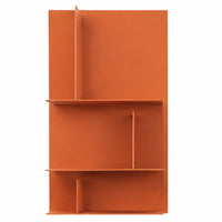 The Avenue Library Shelving 96cm by Kristalia is a rectangular orange minimalist bookshelf with three staggered shelves and three vertical dividers, offering modern, asymmetrical compartments for stylish storage or display.