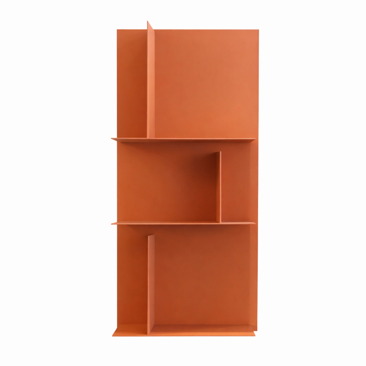 Kristalia’s Avenue Library Shelving H96cm features a minimalist orange design with three asymmetrical shelves and vertical dividers, set against a white background. The bookcase showcases clean, geometric lines for a modern, contemporary look.