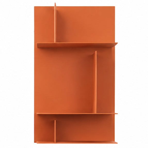 The Avenue Library Shelving 96cm by Kristalia is a modern, minimalist orange modular bookshelf featuring three horizontal shelves with asymmetrical vertical dividers on a rectangular back panel.