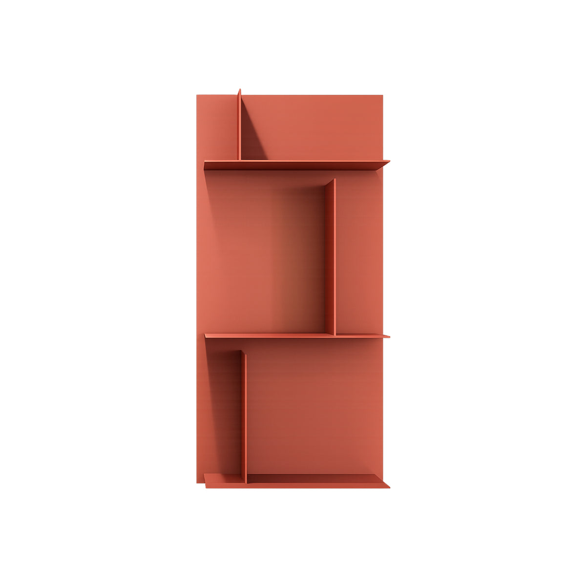 Avenue Library Shelving H96cm by Kristalia is a modern, red-orange modular bookshelf featuring a geometric, asymmetrical design with multiple compartments, shown against a white background.