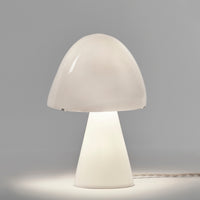 Joe n°2 table lamp made of bone china, featuring a wide, glossy white mushroom-shaped dome shade and a conical base.