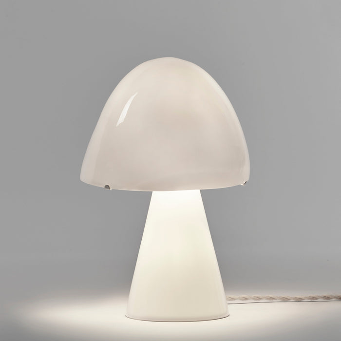 Joe n°2 table lamp made of bone china, featuring a wide, glossy white mushroom-shaped dome shade and a conical base.