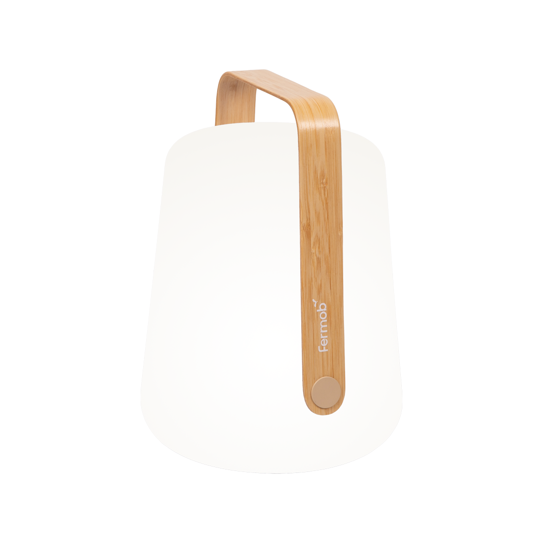 The Fermob Balad2 Outdoor Light, Bamboo, H38 is a modern, minimalist lamp with a rounded base and curved bamboo handle—perfect as a portable light for your garden or patio.