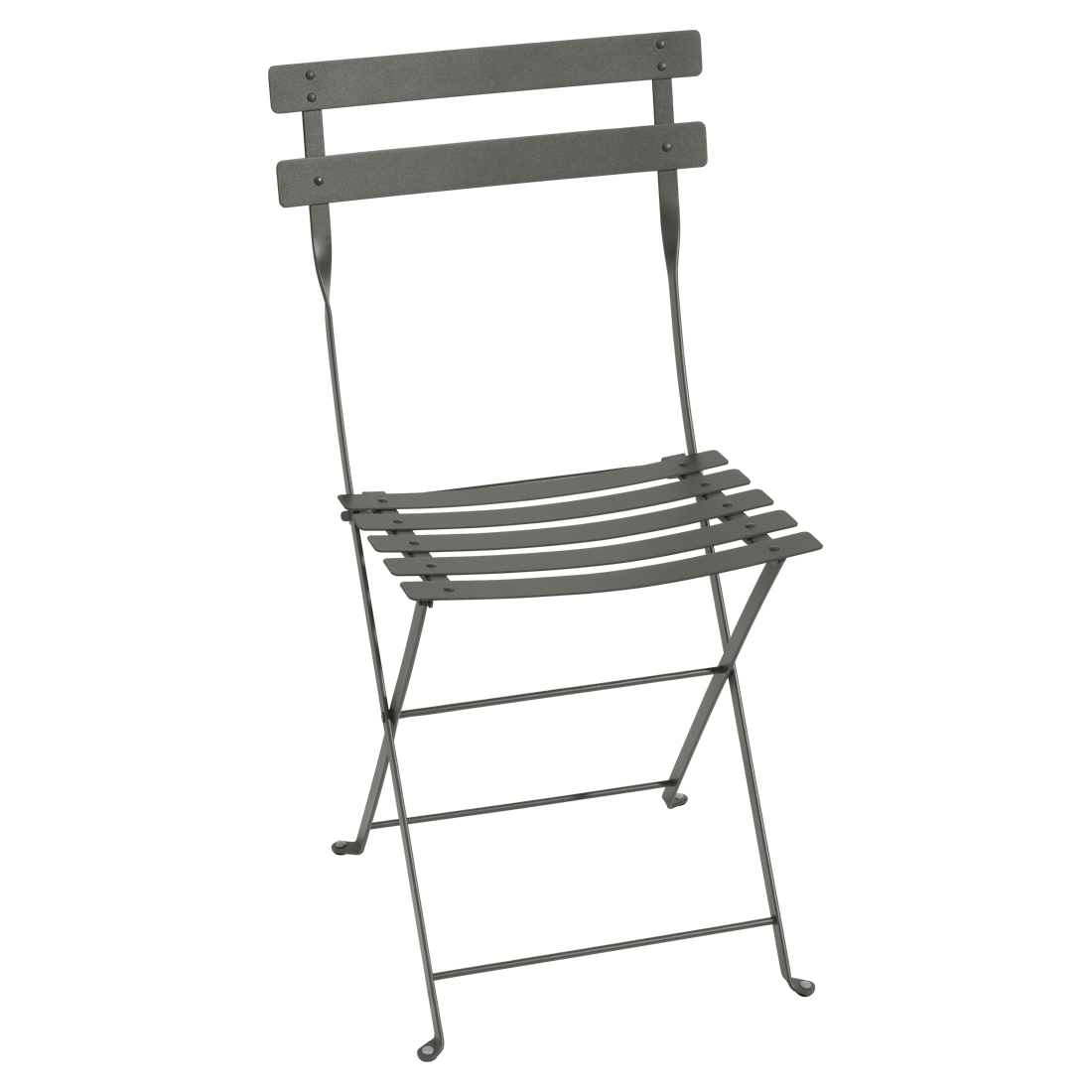 The Fermob Bistro Folding Metal Chair in dark gray features a slatted seat and backrest, ideal for stylish outdoor settings. Set against a plain white background, it blends simplicity with modern design.