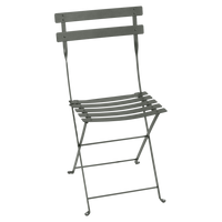 The Fermob Bistro Folding Metal Chair in dark gray features a slatted seat and backrest, ideal for stylish outdoor settings. Set against a plain white background, it blends simplicity with modern design.