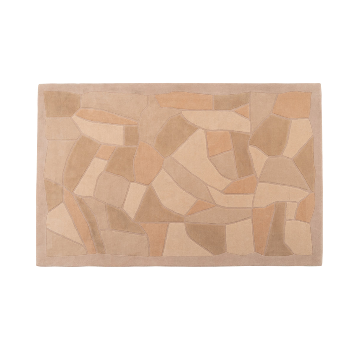 A rectangular, hand-tufted Bojagi Rug by Ligne Roset with a geometric, mosaic-like pattern in shades of tan and brown.