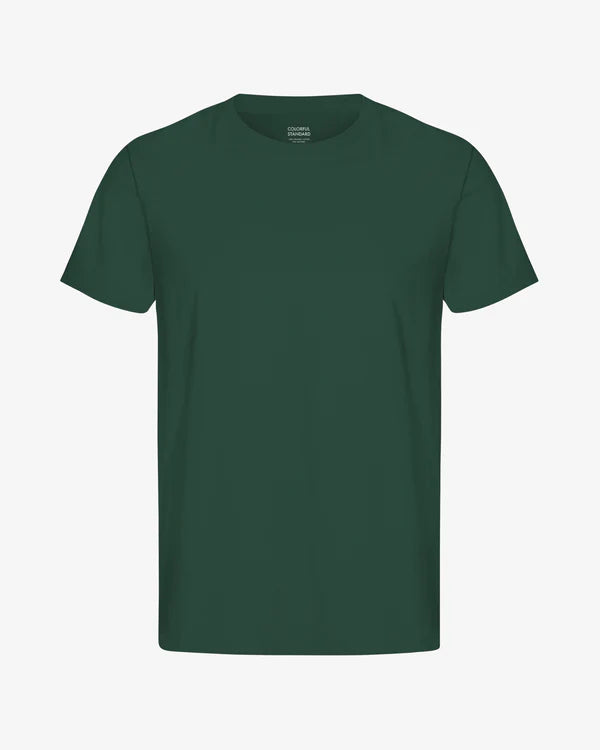 The Unisex Classic Organic T-Shirt in emerald green features a plain, short-sleeve crew-neck design made from sustainable cotton, shown on a white background.