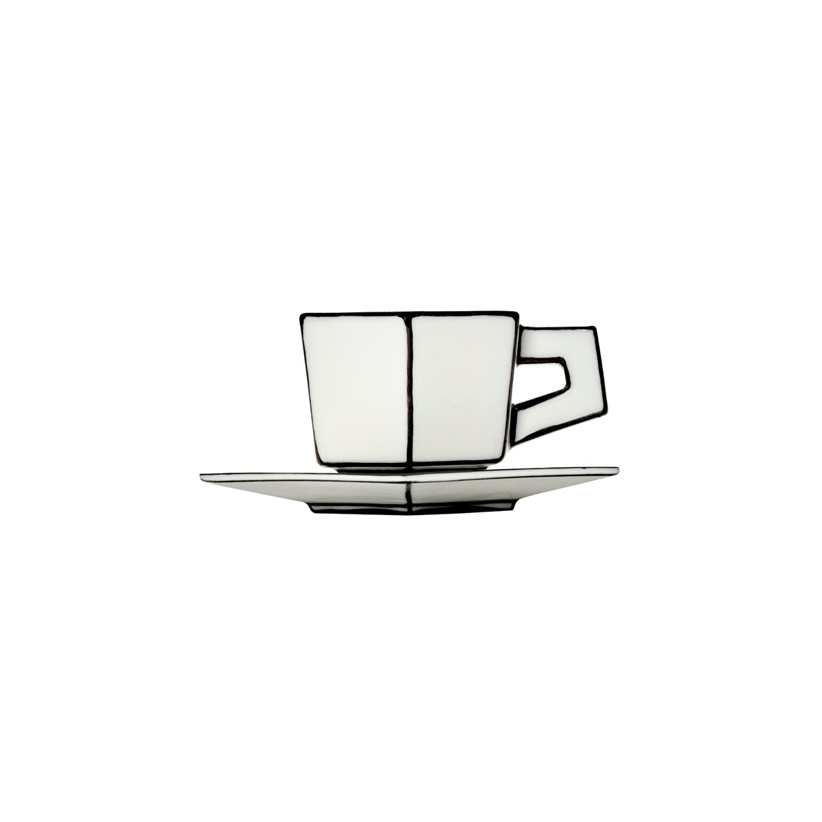 A pair of white fine bone china teacups, featuring geometric handles and black outlines, rest on matching saucers—each elegantly displayed against a plain white background. The Carte Blanche Cup and Saucer Set of 2 is crafted by Serax.