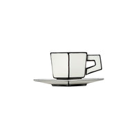 A pair of white fine bone china teacups, featuring geometric handles and black outlines, rest on matching saucers—each elegantly displayed against a plain white background. The Carte Blanche Cup and Saucer Set of 2 is crafted by Serax.