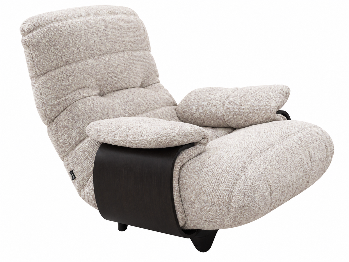 Low-profile Ligne Roset Marsala Armchair, Ella Fabric, upholstered in textured cream fabric with dark curved wooden side supports.