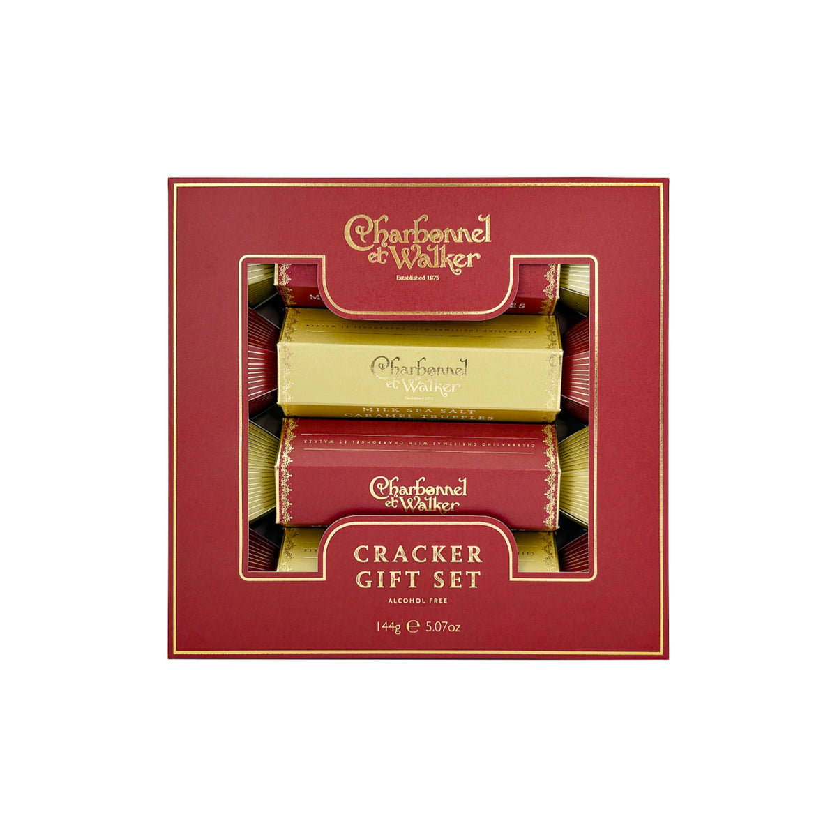 A Charbonnel & Walker Cracker Gift Set containing three cylindrical Christmas cracker-shaped chocolate truffle boxes in gold and red packaging.
