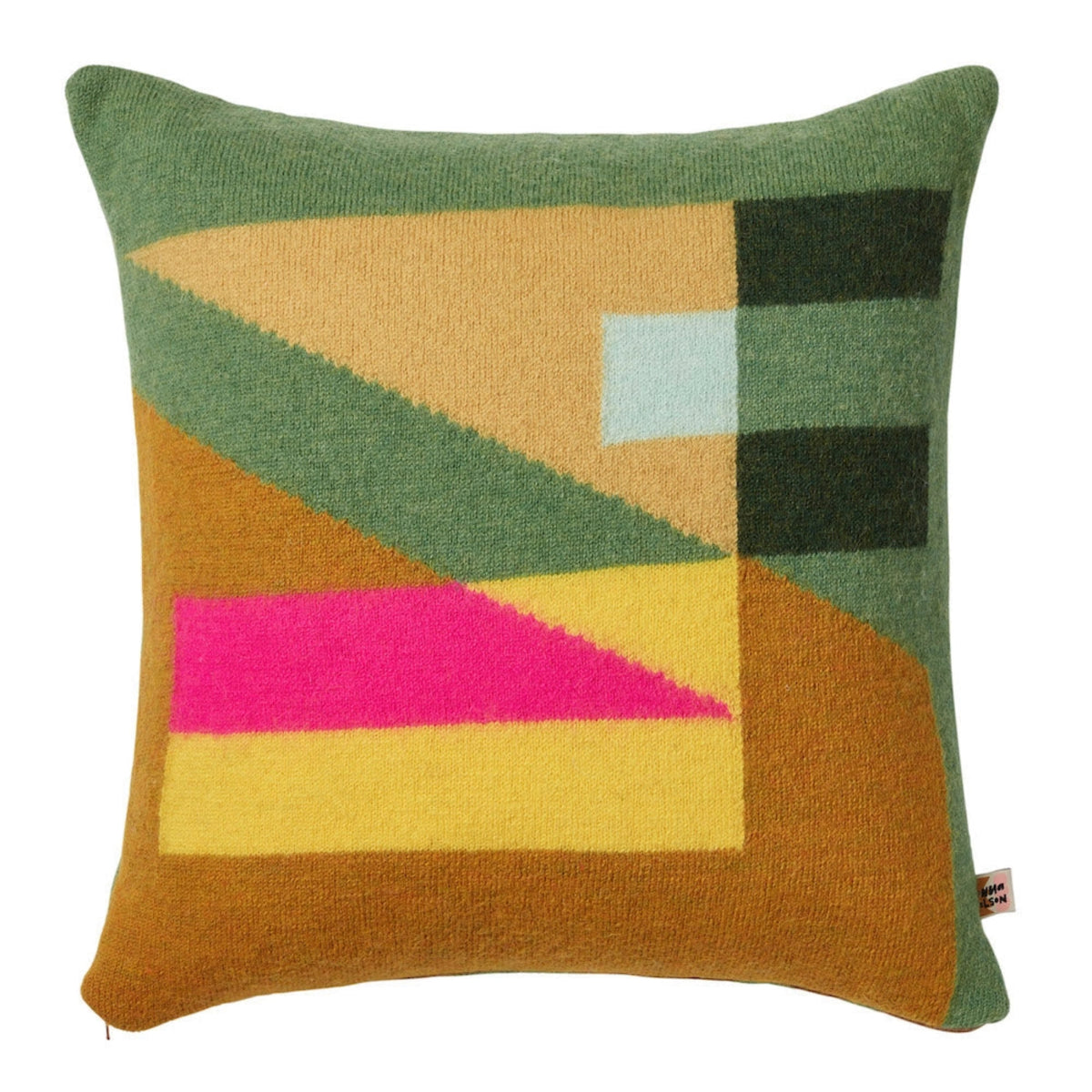 Square Tilt Cushion, Green in pure new wool featuring an abstract geometric pattern in shades of green, yellow, brown, and a bright pink triangular shape.