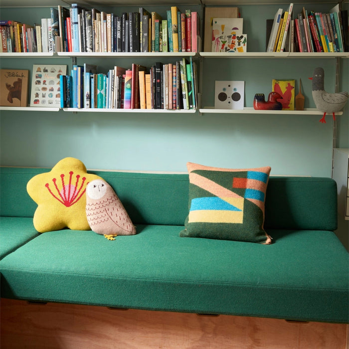 A star-shaped pillow, an owl-shaped pillow, and a rectangular Tilt Cushion, Peach, on a green sofa below two shelves of books.