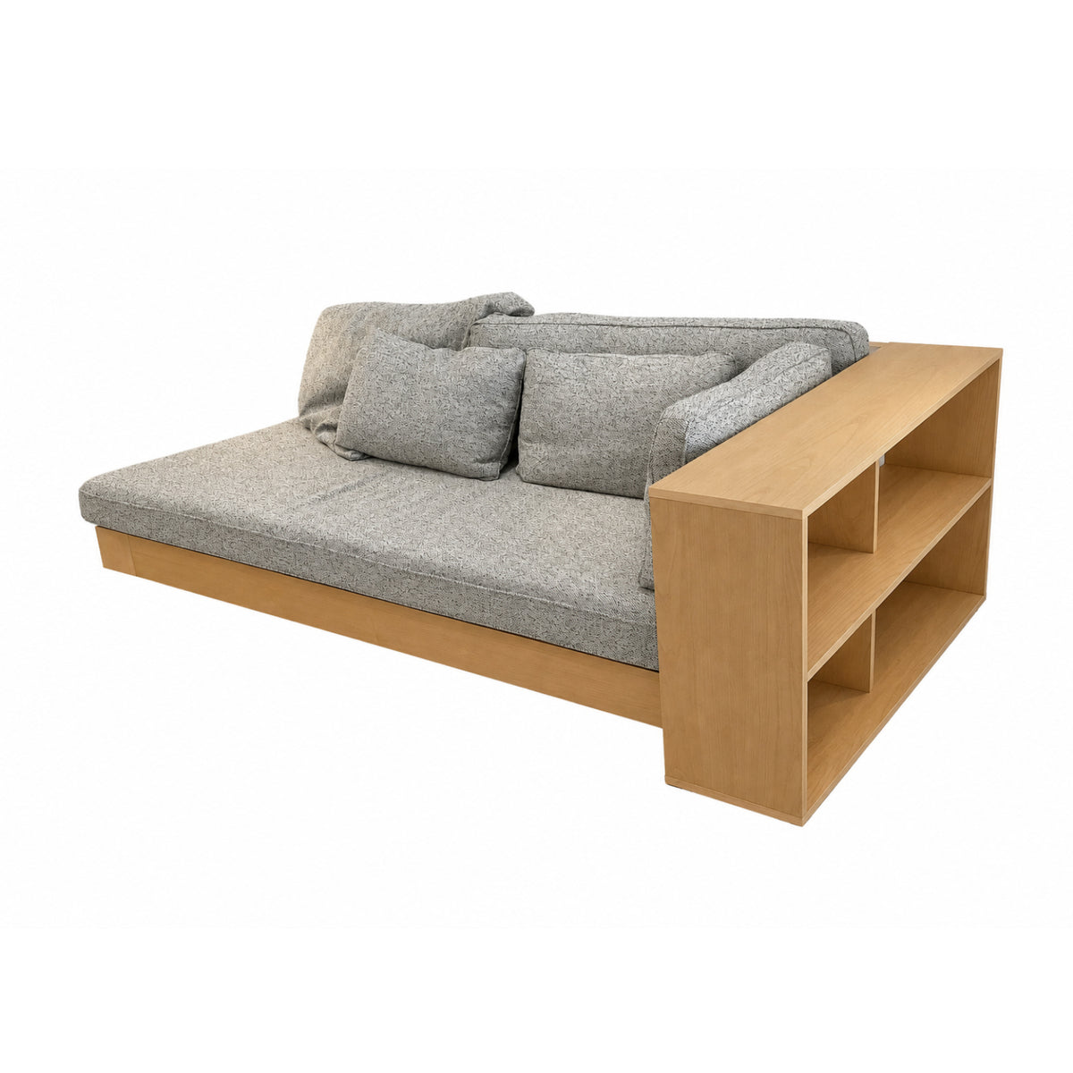 Ex-Display Kobold Classic Sofa with Short Storage Unit by Ligne Roset, featuring a light wood frame, gray cushions, and an integrated open storage unit on one side. This modular sofa showcases Ligne Roset's signature sleek aesthetic with its minimalist and functional design. The attached short storage unit offers two shelves for additional storage or display space while maintaining a contemporary, modern look.