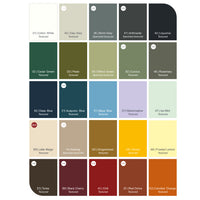 A Fermob color chart shows 24 labeled paint swatches for the Bellevie Outdoor Bench with Backrest, noting texture. Colors include whites, greys, greens, blues, browns, yellows, reds, and orange—perfect for weatherproof garden furniture.