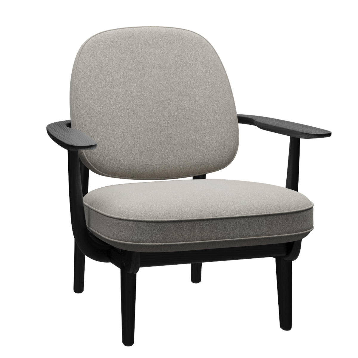 The Fred Lounge Chair by Fritz Hansen features a simple, contemporary design inspired by the brand’s iconic lounge chair. It is upholstered in light gray Acca fabric with plush cushioning on both the seat and backrest, complemented by a sleek black wooden frame and angled armrests.