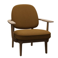 The Fred Lounge Chair by Fritz Hansen features a luxurious brown upholstered seat and backrest in Acca fabric, complemented by wooden armrests and four sturdy wooden legs, exemplifying mid-century modern design.