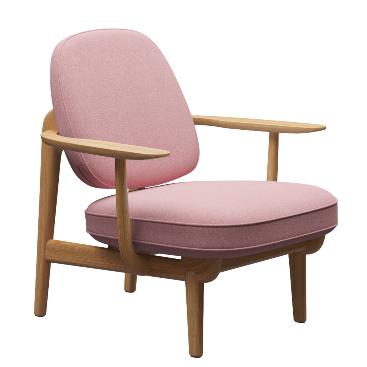 The Fred Lounge Chair by Fritz Hansen features a minimalist, contemporary design with light wooden legs and frame, wide flat armrests, and plush seat and backrest cushions upholstered in pink Acca fabric.