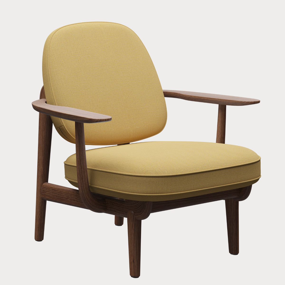 The Fritz Hansen Fred Lounge Chair in Acca fabric showcases a modern design with yellow cushioned seat and backrest, complemented by wooden armrests and legs, presented against a plain white background.