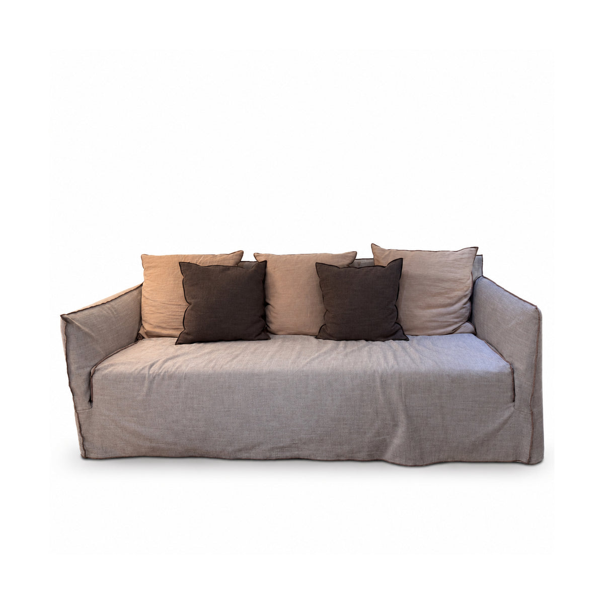 Ex-Display Ghost 10 G, 3-Seater Sofa, Cat B with a beige removable cover, featuring three large beige back cushions and two smaller dark brown accent pillows.