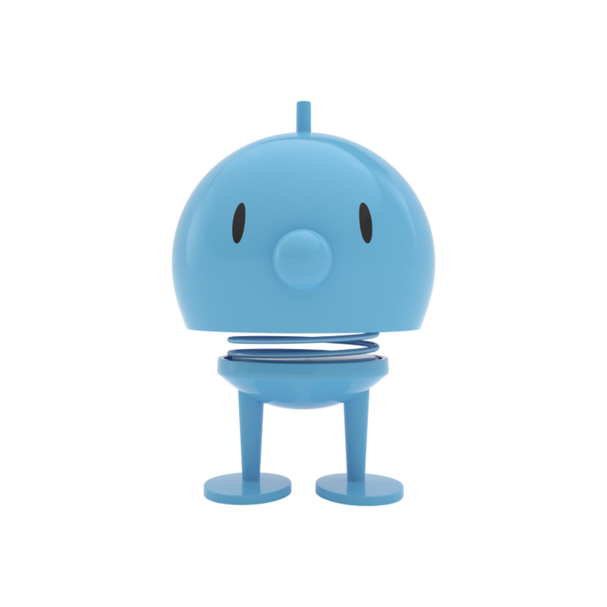 Light blue Hoptimist Bumble Desk Toy on a spring, featuring a large head, small nose, and two feet as a piece of Danish design.