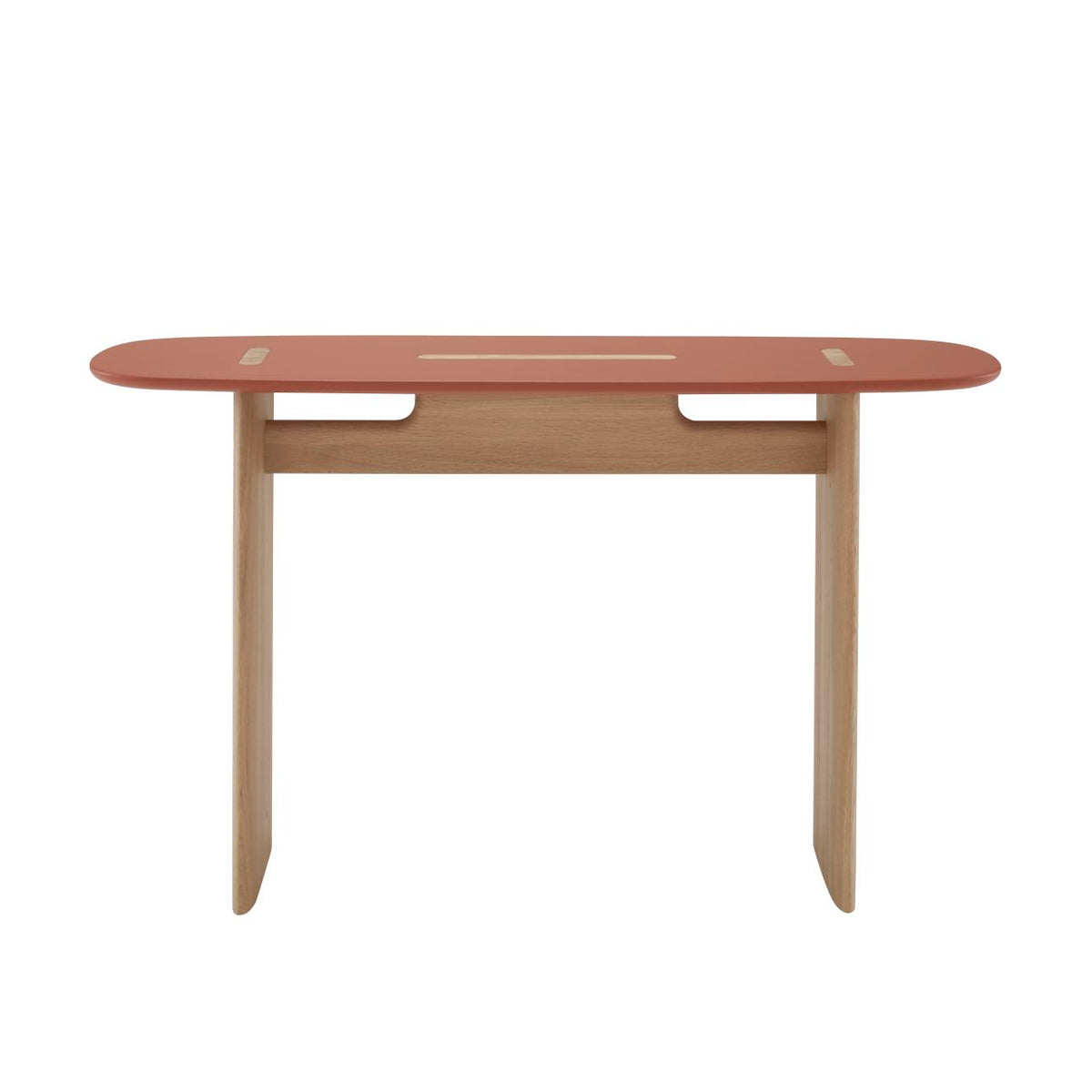 Ligne Roset Intervalle console table with a red oval top and solid oak legs.