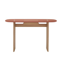 Ligne Roset Intervalle console table with a red oval top and solid oak legs.
