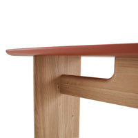 Close-up of a Ligne Roset Intervalle Console Table featuring a thick tabletop with a solid terracotta-colored edge and a sturdy support frame.