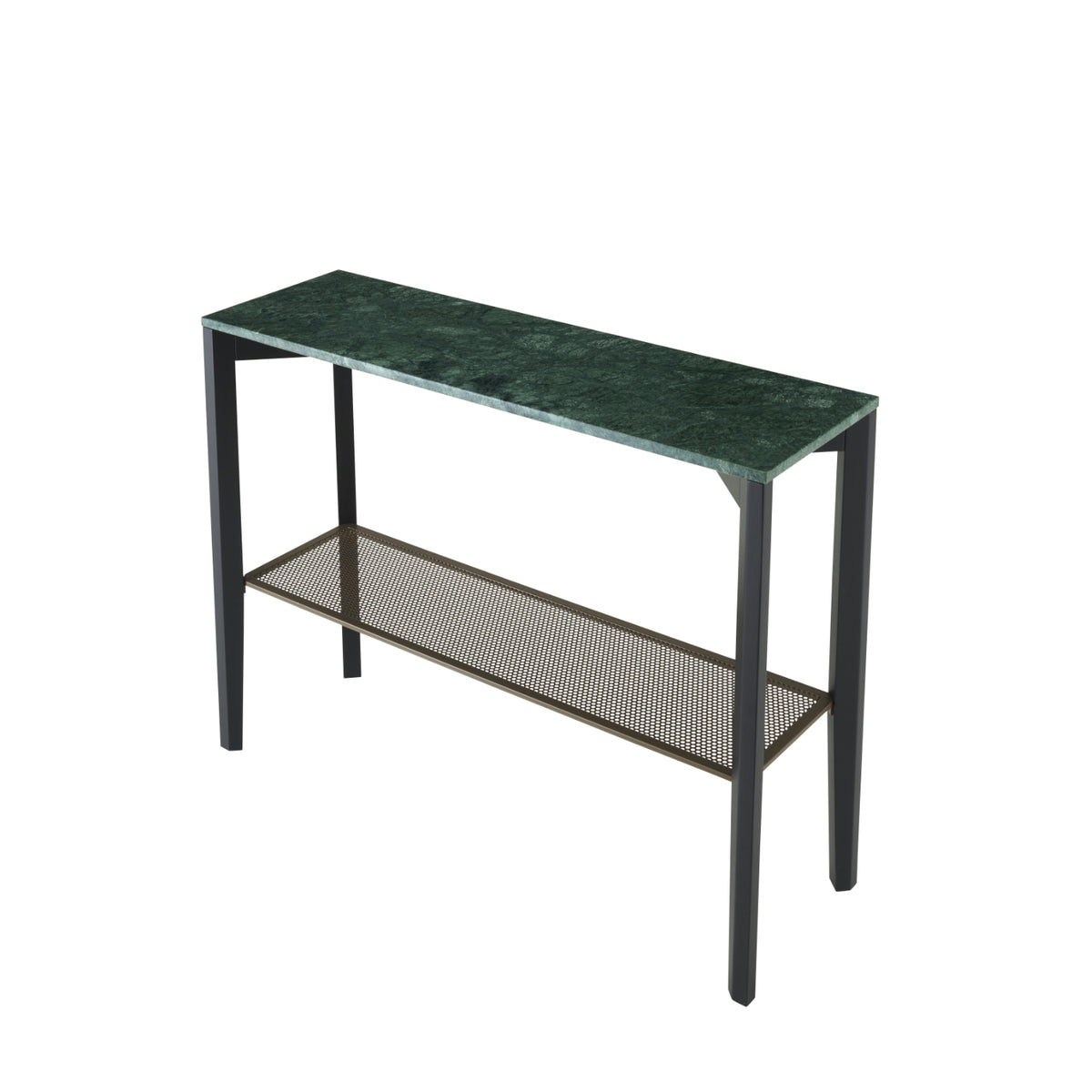 Inamma Console Table featuring a green marble top, black-stained ash base, and a lower metal mesh shelf.