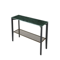 Inamma Console Table featuring a green marble top, black-stained ash base, and a lower metal mesh shelf.