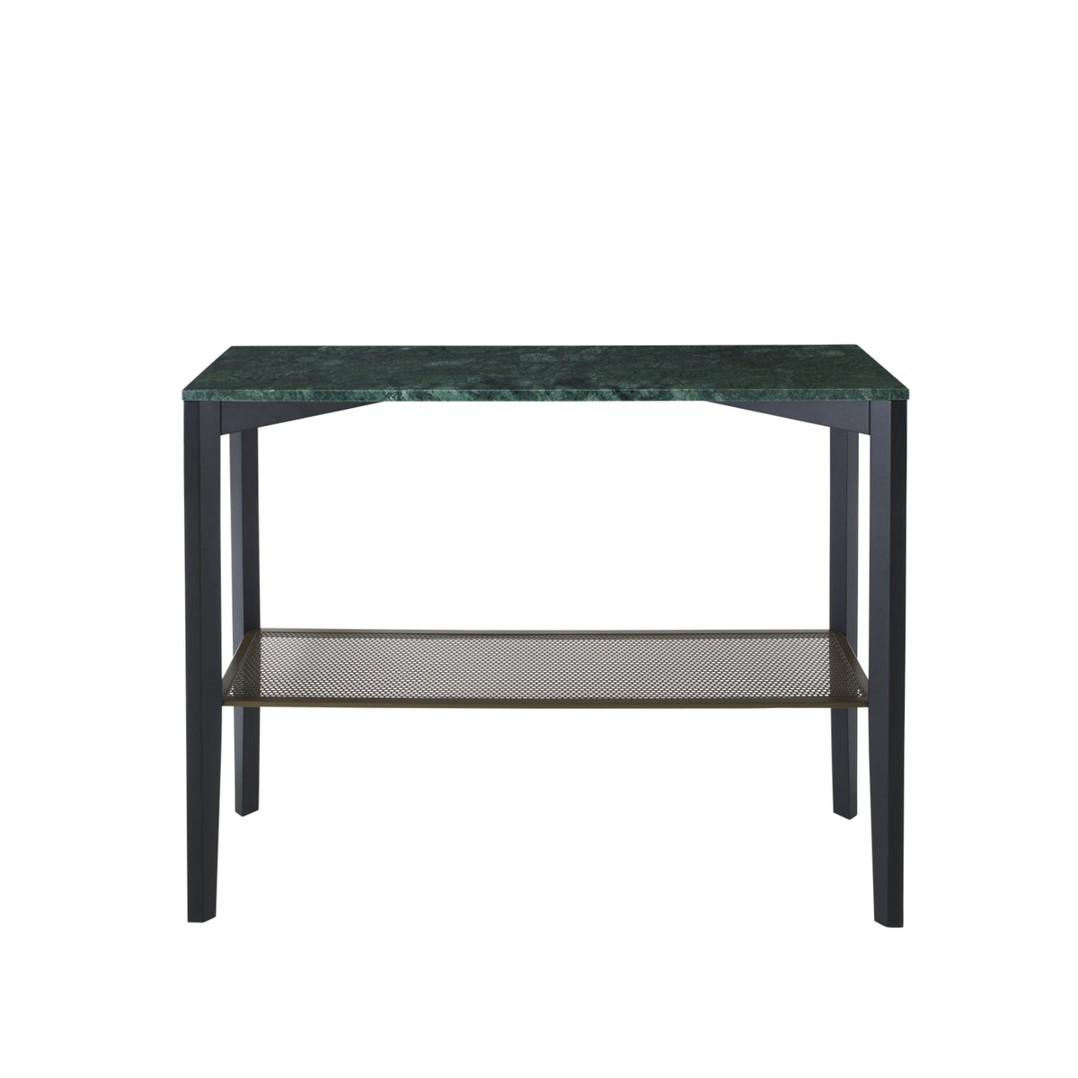Ligne Roset Inamma Console Table with a green marble top, black-stained ash base, and a lower metal mesh shelf.