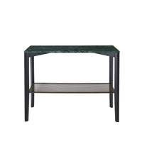 Ligne Roset Inamma Console Table with a green marble top, black-stained ash base, and a lower metal mesh shelf.