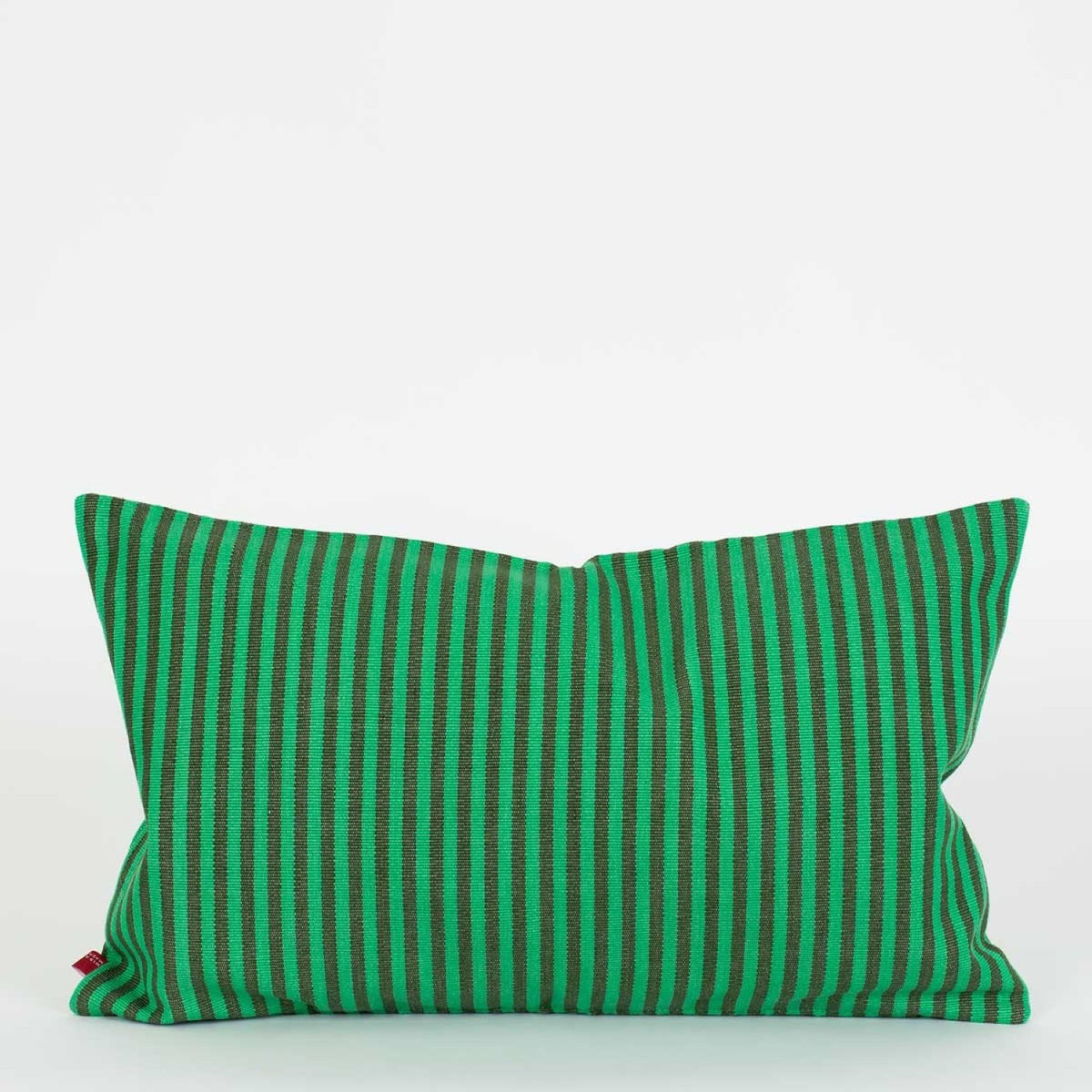 The Josefina Cushion by World Of Craft is a rectangular handwoven piece featuring vertical green and black stripes, expertly crafted by Guatemalan artisans and photographed against a plain white background.