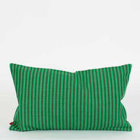 The Josefina Cushion by World Of Craft is a rectangular handwoven piece featuring vertical green and black stripes, expertly crafted by Guatemalan artisans and photographed against a plain white background.