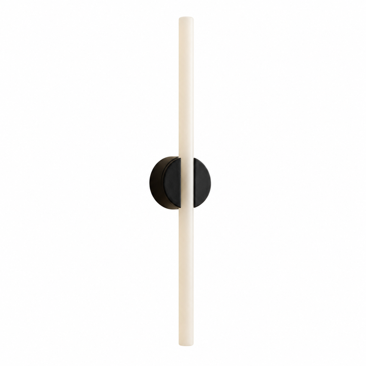 The Kilter Wall Light 640mm by Tala is a modern wall sconce featuring a long, vertical, cylindrical white borosilicate glass fixture elegantly mounted on a round black base against a plain white background—ideal for sophisticated vanity lighting.